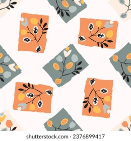 Modern scandi floral vector endless pattern. Organic summer gender neutral nature mix paper cut out wallpaper tile.