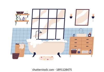 Modern scandinavian bathroom interior furnished with bathtub and washstand. Foamy bath tub in cosy room. Colorful flat vector illustration isolated on white background.