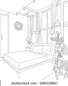 Modern Scandinavian Bedroom Vector Line Art 