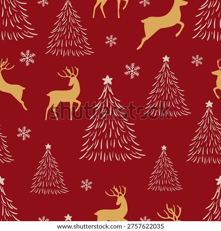 Modern Scandinavian Christmas pattern with cute animals and abstract trees, seamless repeat design for fabric, home decor, and seasonal packaging.