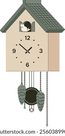 modern scandinavian cuckoo clock. contemporary time measuring device in shape of house isolated on transparent background. neat vector illustration of pendulum clock. nowadays interior design element.