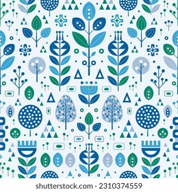 Modern Scandinavian folk abstract botanical pattern. Nordic minimalistic seamless ornament with geometric flowers, trees and plant branches.