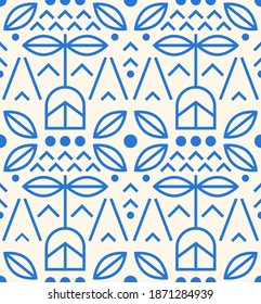 Modern scandinavian folk pattern with flowers. Seamless geometry pattern in scandinavian style. Floral nordic ornament for print, textile, wrapping paper in simple design