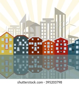 Modern Scandinavian houses, colorful city and water front. Modern city. Apartments For Rent / Sale, Real Estate. New buildings. Skyscrapers.