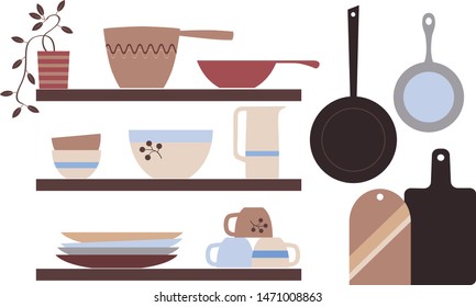 Modern Scandinavian rustic style kitchenware on shelves, EPS 8 vector illustration