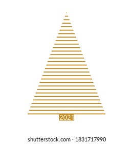 Modern Scandinavian style Christmas tree. Linear golden spruce and 2021 note on white background.