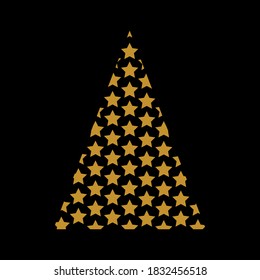 Modern Scandinavian style Christmas tree. Starry golden spruce on black background. For Merry Christmas, New Year card, poster.