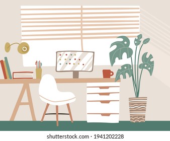 Modern Scandinavian style interior in pastel colors. Lagom comfortable workspace, cozy home office with table, chair, screen and palm houseplants. Vector iflat hand drawn llustration.