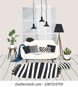 Modern Scandinavian style living room interior. Beautiful apartment with a sofa, carpet, window, plants, lamps. Cartoon vector illustration.