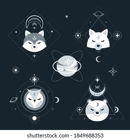 Modern scandinavian style set with animals, stars, planets and geometric shapes. Silver colored composition on dark space background. Vector illustration.