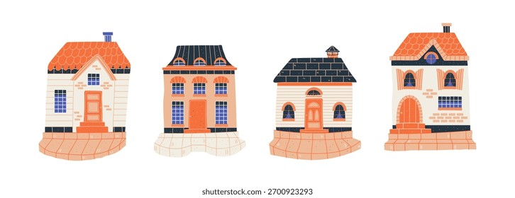 Modern scandinavian village set with tiny doodle houses street. Children's book illustrations and educational materials about scandinavian architecture