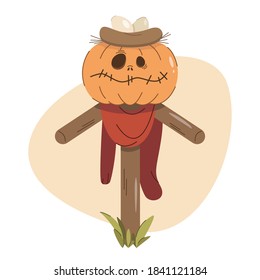 Modern scarecrow with eggs in nest on his pumpkin head. Autumn Halloween vector illustration on white background. 