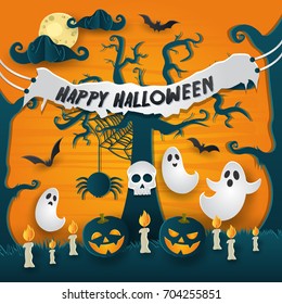 Modern Scary And Creepy Paper Art Happy Halloween Card Illustration