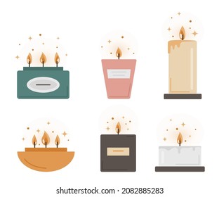 Modern scented candles set. Soy or coconut candle with essential oils in ceramic, metallic jar or wooden stand. Home aromatherapy, hygge home decoration. Flat vector illustration