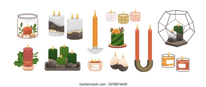 Modern scented candles set with stone and glass candlesticks, jars and cups. Aromatic home decor from soy wax. Cute handmade perfumed decoration. Flat vector illustration isolated on white background