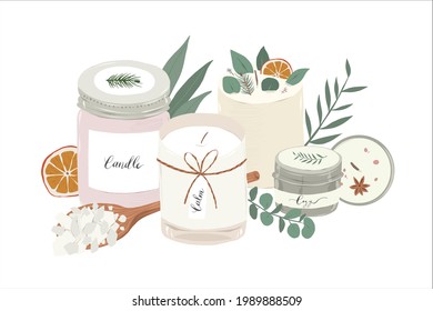 Modern scented candles, various soy wax aromatic candles in glass jars and tins, decorated with leaves and plants. Natural soy wax flakes, realistic hand drawn illustration, home aromatherapy ritual