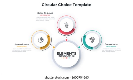 Modern scheme with 3 paper white round elements with arrows pointing at main circle. Concept of three features of startup project. Flat infographic design template. Minimal vector illustration.