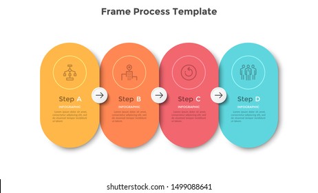 Modern scheme with 4 colorful rounded frames connected by arrows. Concept of four successive steps of marketing strategy. Flat infographic design template. Vector illustration for progress bar.