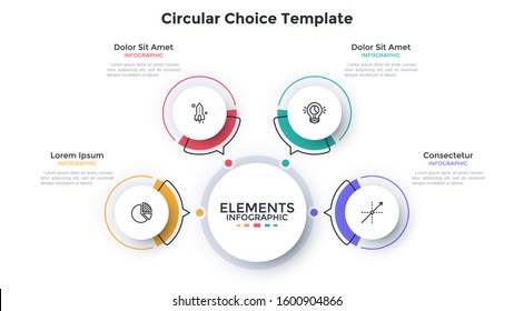 Modern scheme with 4 paper white round elements with arrows pointing at main circle. Concept of four features of startup project. Flat infographic design template. Minimal vector illustration.