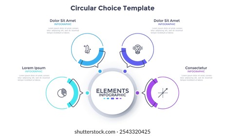 Modern scheme with 4 paper white round elements with arrows pointing at main circle. Concept of four features of startup project. Flat infographic design template. Minimal vector illustration.