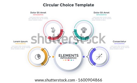 Modern scheme with 4 paper white round elements with arrows pointing at main circle. Concept of four features of startup project. Flat infographic design template. Minimal vector illustration.