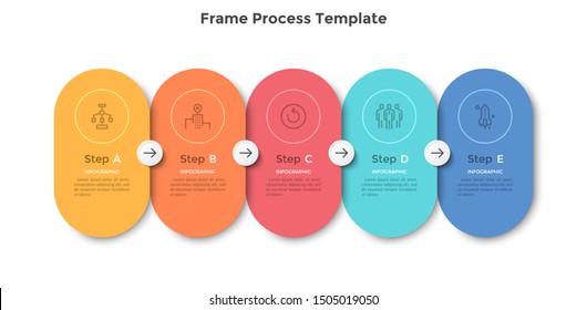 Modern scheme with 5 colorful rounded frames connected by arrows. Concept of five successive steps of marketing strategy. Flat infographic design template. Vector illustration for progress bar.