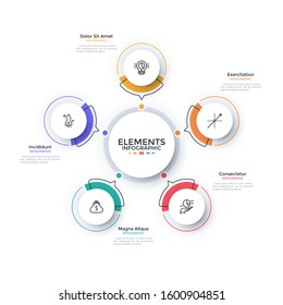 Modern scheme with 5 paper white round elements with arrows pointing at main circle. Concept of five features of startup project. Flat infographic design template. Minimal vector illustration.