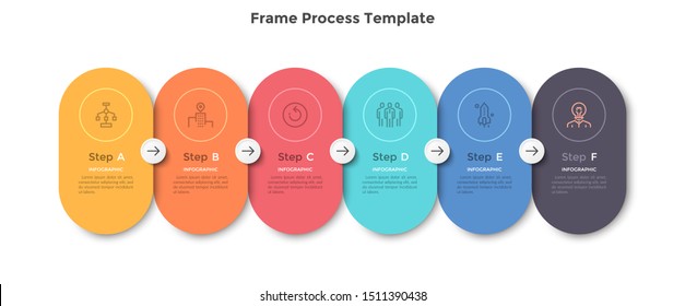 Modern scheme with 6 colorful rounded frames connected by arrows. Concept of six successive steps of marketing strategy. Flat infographic design template. Vector illustration for progress bar.