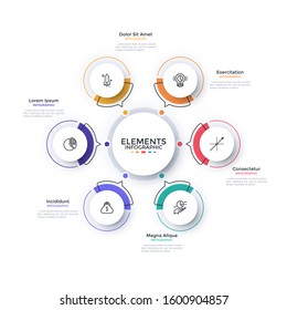 Modern scheme with 6 paper white round elements with arrows pointing at main circle. Concept of six features of startup project. Flat infographic design template. Minimal vector illustration.