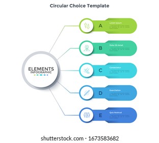 Modern scheme with five elements connected to main circle. Concept of 5 business options to choose. Minimal infographic design template. Flat vector illustration for business data visualization.