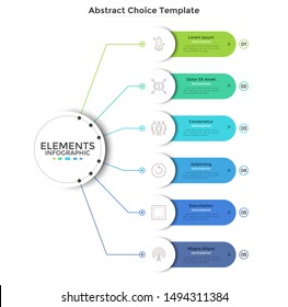Modern scheme with six round paper white elements connected to main circle. Concept of 6 business options to choose. Abstract infographic design template. Vector illustration for presentation.