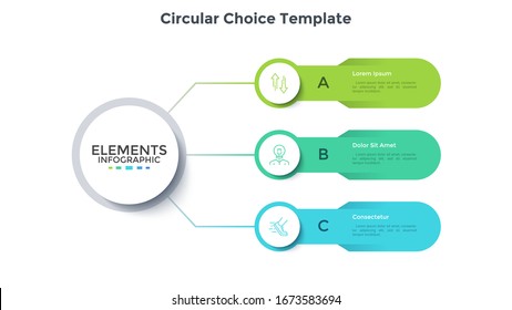 Modernes Schema mit drei Elementen verbunden mit dem Hauptkreis. Konzept von 3 Geschäftsoptionen zu wählen. Minimale Infografik-Design-Vorlage. Flache Vektorillustration Illustration für die Visualisierung von Geschäftsdaten.