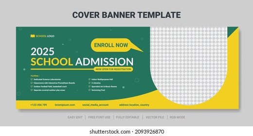 Modern school admission cover social media post and web banner template.