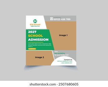 Modern school admission social media post vector with abstract shapes. Academic admission and university study promotion template with yellow and green colors. School admission social media template.