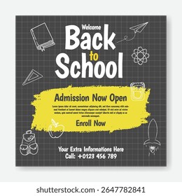 Modern school admission social media post, banner, ads template for back to school party and educational advertisements, online learning web banner, square poster educational supplies vector elements