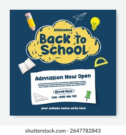Modern school admission social media post, banner, ads template for back to school party and educational advertisements, online learning web banner, square poster educational supplies vector elements