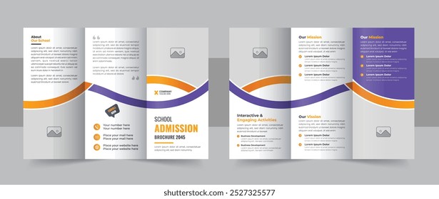 Modern school admission trifold brochure design, kids academy brochure template or corporate trifold brochure vector. Kids back to school education admission trifold brochure template