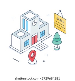 Modern school architecture and campus location concept isometric illustration