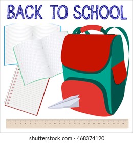 Modern school background with knapsack, copybook and ruler. Back to school. Vector illustration