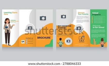 Modern School Brochure Template Vector Design with Orange and Green Abstract Layout. Fully scalable vector illustration isolated with clean typography and professional brochure composition.