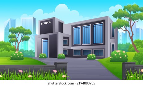 Modern school building with beautiful nature landscape, Back To Education Concept cartoon Illustration