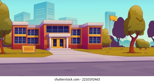 Modern school building in big city. Cartoon vector illustration of educational institution surrounded by clean territory with green lawn, tall trees and flagpole. Blue sky and cityscape background