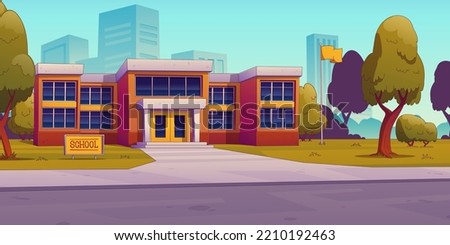 Modern school building in big city. Cartoon vector illustration of educational institution surrounded by clean territory with green lawn, tall trees and flagpole. Blue sky and cityscape background