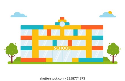 Modern school building in bright colors with nature around. Back to school, education concept. Vector illustration