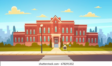 Modern School Building Exterior With Crosswalk Welcome Back To Education Concept Flat Vector Illustration