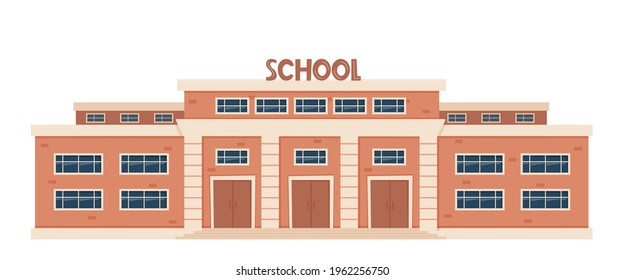 Modern School Building Exterior. Welcome Back To School. Educational architecture, facade of high school building with large windows. Design for flyer, banner, card. Vector illustration