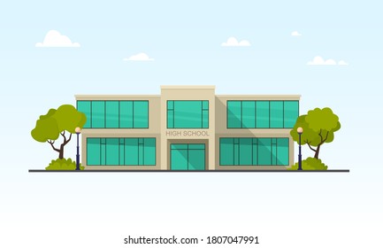 Modern school building facade with big glass windows. Public educational institution exterior. Vector illustration.