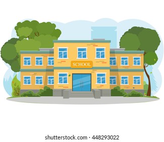 modern school building, the main entrance and front yard. vector illustration.