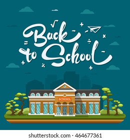 Modern school building on landscape. Concept with lettering or calligraphy Back to school. Vector flat illustration on dark blue background