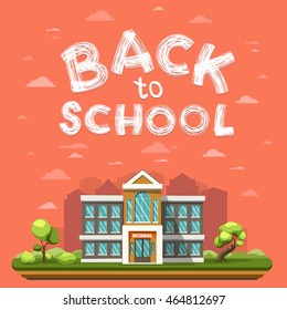 Modern School building on landscape. Concept with lettering or calligraphy Back to school. Vector flat illustration on red background